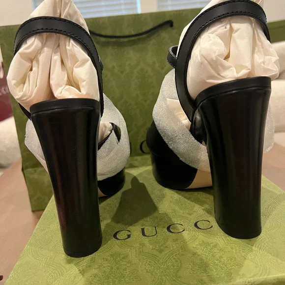 GUCCI Women's Interlocking G Cut-Out Platform Sandals Leather Black - Picture 9 of 12